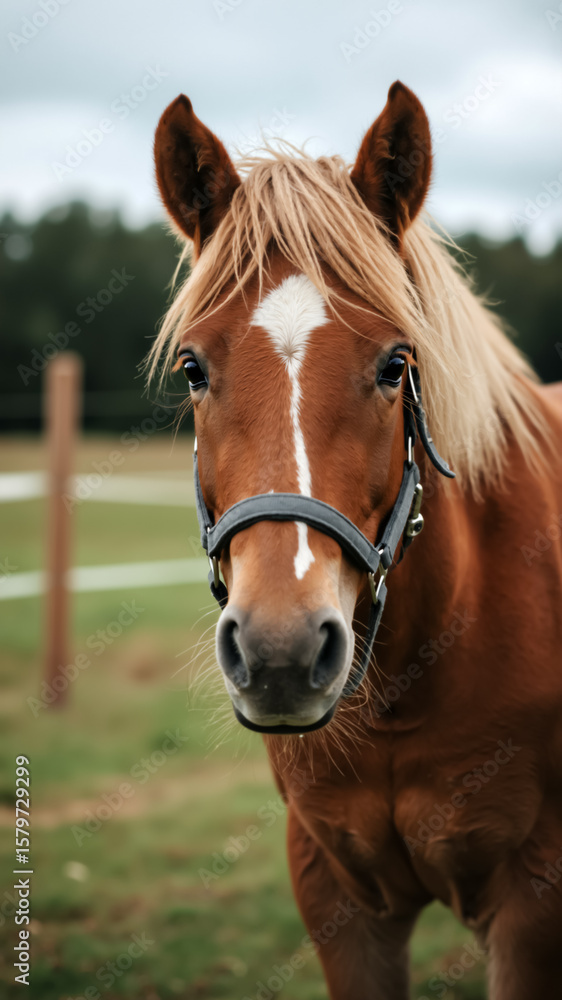Obraz premium Chestnut horse portrait with a white blaze. Close up of a brown equine with flowing mane and halter.