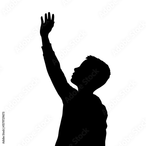 Silhouette of a boy with his arm raised high reaching up towards the sky in a graphic image