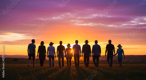 Group of People Walking Together During Sunset Outdoors