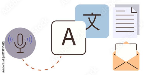 Microphone emitting signals, language icons, text document, and envelope conveying voice-to-text, translation, and communication. Ideal for language learning, global outreach, content creation tech