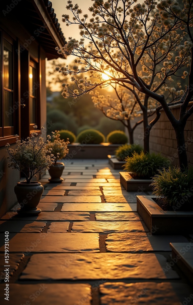 Fototapeta premium Courtyard Landscape Material, Stone Path, Greenery & Sunset Glow, for Cultural Tourism Promotion, Courtyard Design, Decorative Paintings, Healing Atmosphere Creation