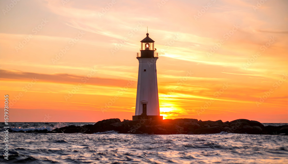 Lighthouse Silhouette at Sunset Over the Ocean Lighthouse Silhouette at Sunset Over the Ocean