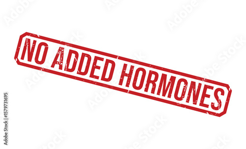 Red No Added Hormones Stamp, Angled View on White Background, Distressed Style, Guarantee Label