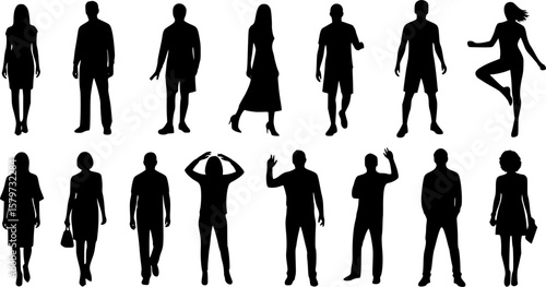 Vector silhouettes men and women, illustration. Silhouettes of young people posing in casual clothes. EPS 10 version.