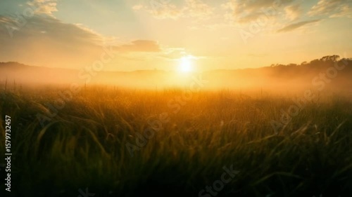 A field of tall grass illuminated by the warm glow of a rising sun in the early morning hours landscape video