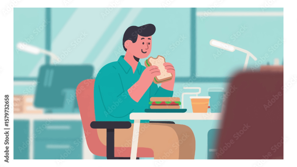 Cartoon illustration of a man enjoying his lunch break at the office with a sandwich and drink on his desk in a relaxed setting Cartoon illustration of a man enjoying his lunch break at the office with a sandwich and drink on his desk in a relaxed setting