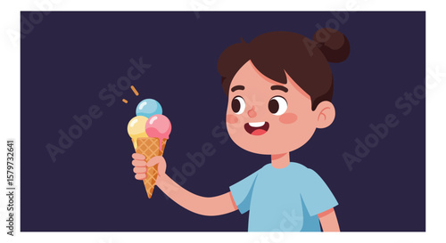 An adorable young girl with a hair bun happily holds a colorful triple scoop ice cream cone and smiles