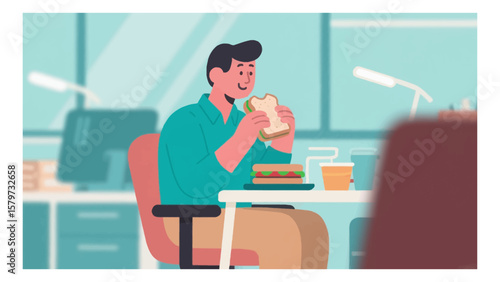 Cartoon illustration of a man enjoying his lunch break at the office with a sandwich and drink on his desk in a relaxed setting