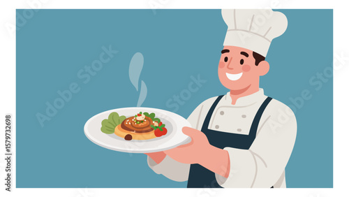 Cheerful chef presents an appetizing dish with artistic plating and garnish, showcasing culinary expertise and attention to detail