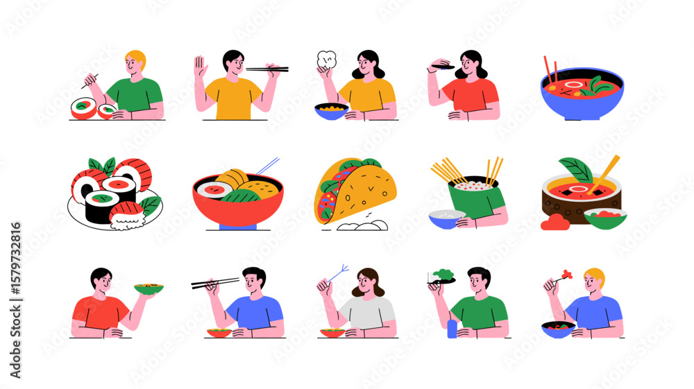Fototapeta premium Diverse group of people enjoying international cuisine with various dishes and dining experiences featuring sushi, tacos, and noodle bowls