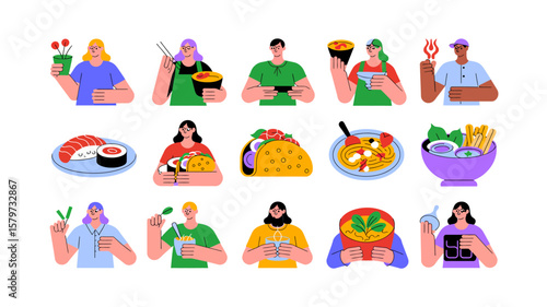 Diverse people enjoying various cuisines and culinary experiences in a vibrant illustration style