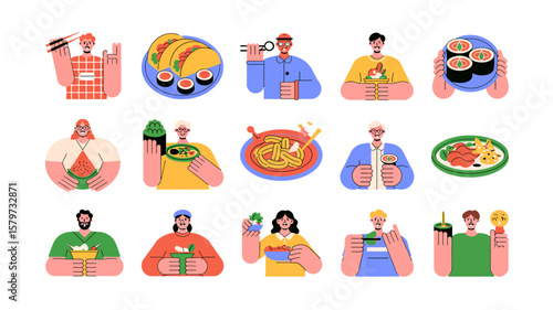 Diverse people enjoying various cuisines from around the world in a vibrant vector illustration featuring sushi, tacos, pasta and other delicious dishes