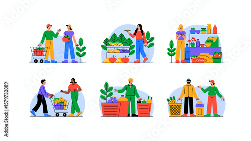 Diverse shoppers buying fresh produce and groceries at a local market with colorful displays and friendly interactions
