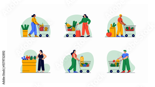 Diverse shoppers with grocery carts purchasing fresh produce and household items in a modern supermarket illustration
