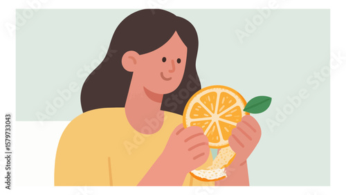 Illustration of a smiling woman peeling a ripe orange with a green leaf attached in a flat design style perfect for healthy eating and lifestyle concepts