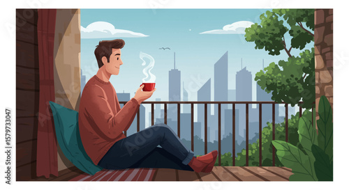 Illustration of a relaxed man enjoying a coffee break on his balcony overlooking the city skyline on a bright morning with a cozy atmosphere