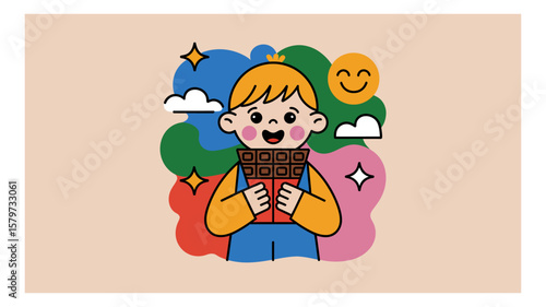 Joyful boy with blond hair holding a chocolate bar surrounded by colorful shapes and smiling sun illustration