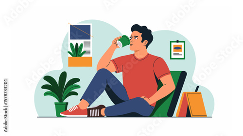 Man relaxing at home while drinking coffee in a cozy setting with plants and natural light, enjoying a peaceful moment of solitude