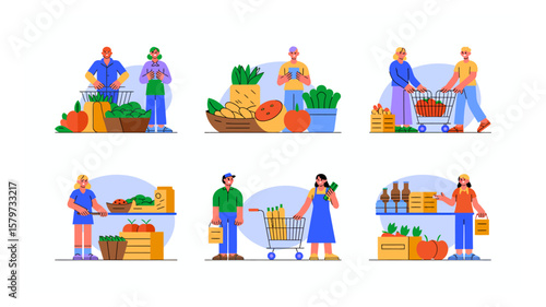 People shopping for fresh produce and groceries at a local market or supermarket in a vector illustration
