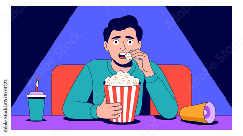 Man watching a scary movie in theater eating popcorn with an expression of shock and fear, enjoying a beverage next to fallen speaker