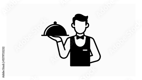 Minimalist waiter illustration carrying covered dish ready to serve elegant restaurant dining experience