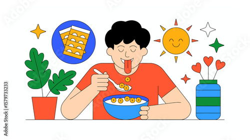 Person enjoying cereal with playful elements of sun, stars, and hearts in a whimsical illustration style highlighting breakfast