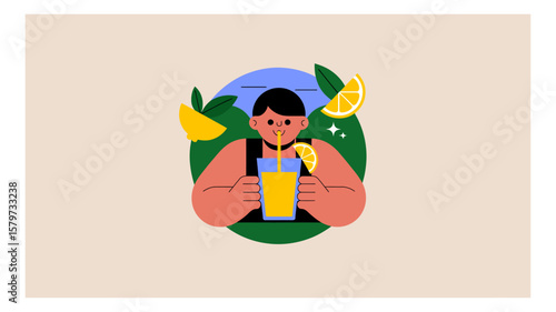 Person enjoying fresh citrus juice with straw vector illustration featuring vibrant oranges and leafy decorations creating a refreshing and summery atmosphere