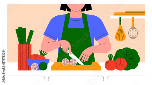 Person in apron cutting vegetables on cutting board with knife in kitchen preparing healthy meal