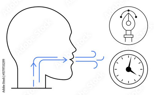 Profile of human head with breathing flow arrows, pen nib for creativity, and clock symbolizing time. Ideal for health, respiration, art, writing, productivity, time management simple flat metaphor