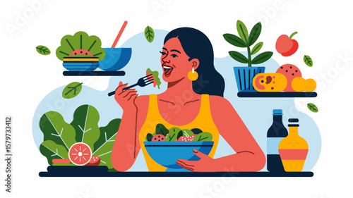Woman enjoying healthy salad illustration showcasing nutrition and balanced diet for well being
