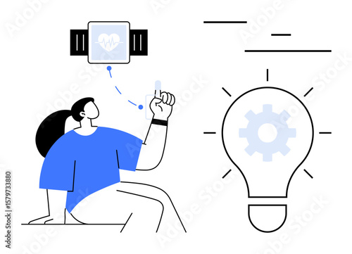 Person taps smartwatch with heart monitoring interface, lightbulb icon with gear signifies innovation. Ideal for technology, health tracking, ideas, creativity, digital solutions, fitness, simple