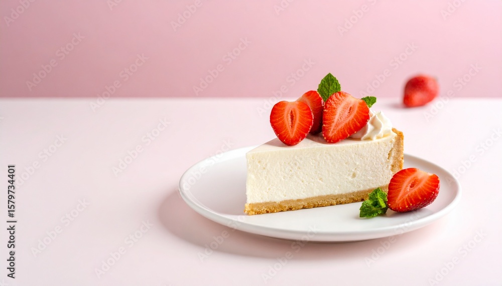 Strawberry cake slice on white plate, minimalist and elegant presentation for bakery branding, menu design, or food product packaging Strawberry cake slice on white plate, minimalist and elegant presentation for bakery branding, menu design, or food product packaging