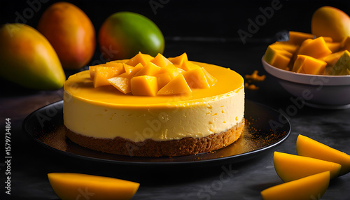 Delicious mango cake on a black background with ingredients around.
