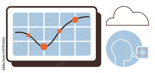 Graph with trend line on screen connected to cloud and voice command icon. Ideal for data analysis, cloud computing, AI, business insight, speech recognition, tech innovation, digital integration