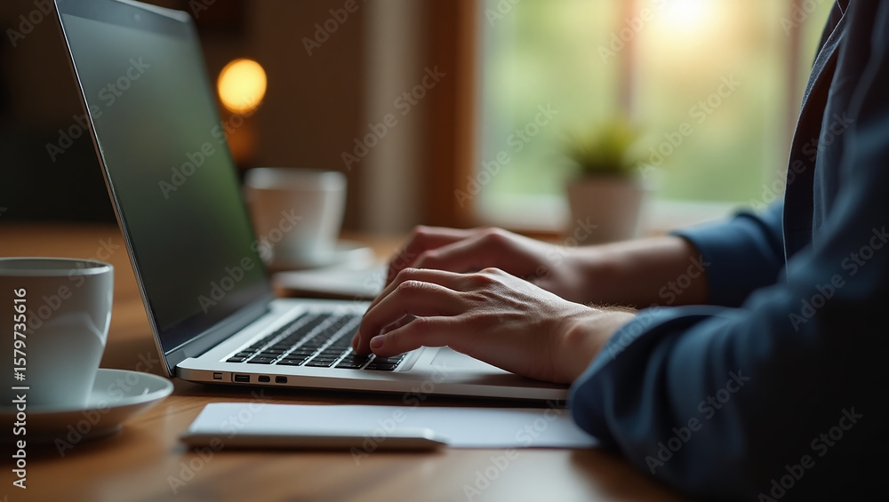 Fototapeta premium A person's hands are typing on a laptop keyboard with focus, indicating work, study, or digital communication activities.