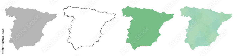 Set of Spain map silhouettes in gray, outline, flat green, and watercolor texture styles.

