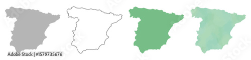 Set of Spain map silhouettes in gray, outline, flat green, and watercolor texture styles.

