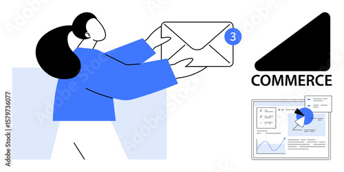 Person receiving email updates with number indicator, data analytics dashboard, and commerce symbol. Ideal for email marketing, analytics, online business, digital trends, communication, strategy