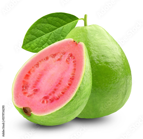 Guava isolated. Ripe guava and half of fruit on transparent background.