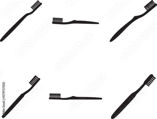 Black and white toothbrush silhouettes; simple dental hygiene icons; minimalist design.