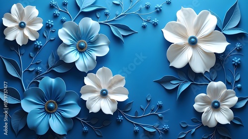 3D Rendered Blue and White Floral Composition.