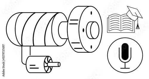 Rotating motor, book with graduation cap, and microphone highlighting engineering, learning, communication. Ideal for manufacturing, education, training, STEM innovation technology simple landing