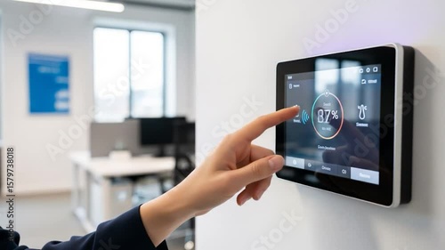 Smart Home Control: Finger Interacting with Digital Thermostat on Wall in Modern Office