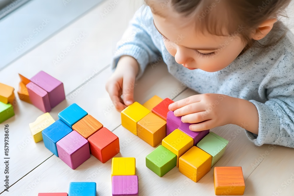 Young Child Playing with Colorful Building Blocks on a Light Wooden Floor. Montessori play Young Child Playing with Colorful Building Blocks on a Light Wooden Floor. Montessori play
