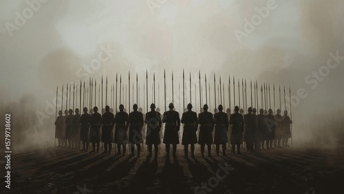 A group of soldiers stand in a circle formation, holding spears, silhouetted against a hazy, dusty background.