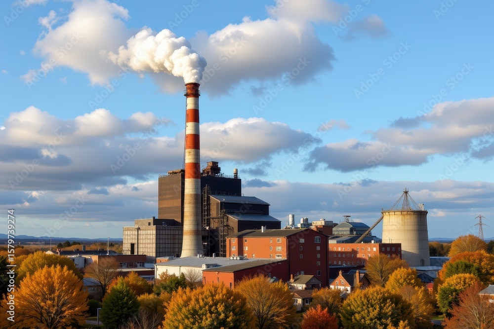 Obraz premium Industrial Landscape with Smokestack and Autumn Trees at Sunset