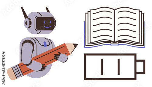 Robot holding a large pencil, open book symbolizing knowledge, low battery icon relaying energy depletion. Ideal for technology, education, innovation, writing, AI development, automation