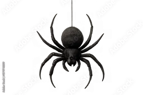 Fototapeta Realistic black spider dangling against transparent background, adding eerie essence for halloween graphic design and spooky visual projects