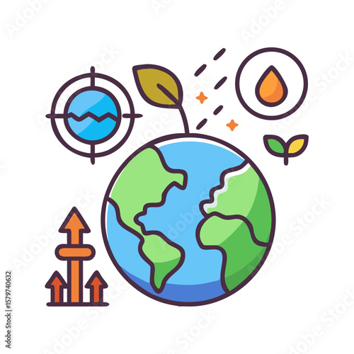 Earth with Climate Change and Sustainability Icons on Black Background