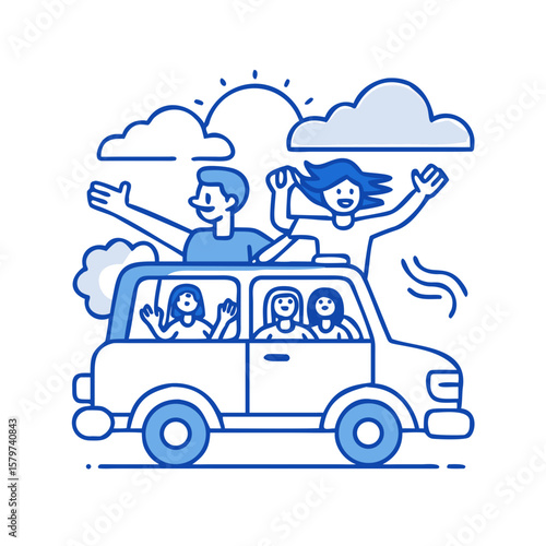 Family Road Trip Illustration with People Waving from Car